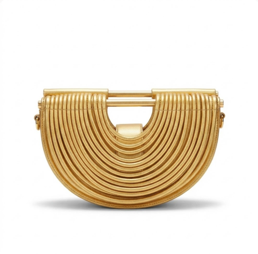 A gold metallic clutch bag with a semi-circular, pleated design and a top handle, shown on a clean white background.
