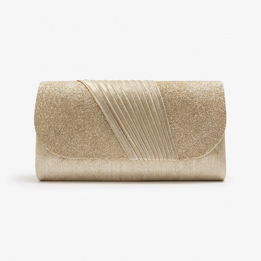 A metallic champagne gold clutch bag with a textured glitter finish, featuring a diagonal pleated flap detail across the front, set against a clean white background.