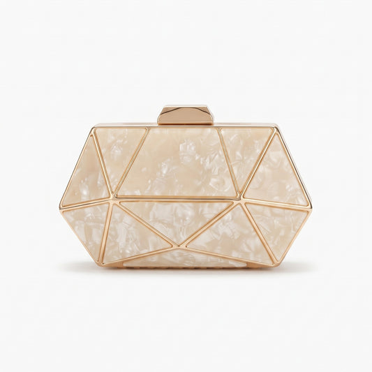 A geometric clutch bag with a cream and white marbled shell pattern and gold-tone metal frame, shown on a clean white background.