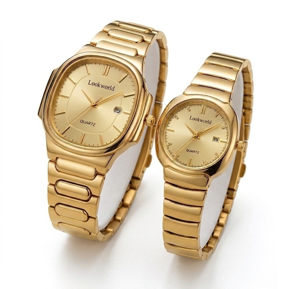 Two gold-tone metal wristwatches with matching linked bands, shown on a clean white background. The larger watch is on the left and the smaller watch is on the right.