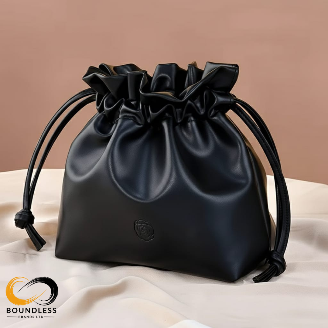 PU Leather Drawstring Makeup Travel Cosmetic Organizer - Black