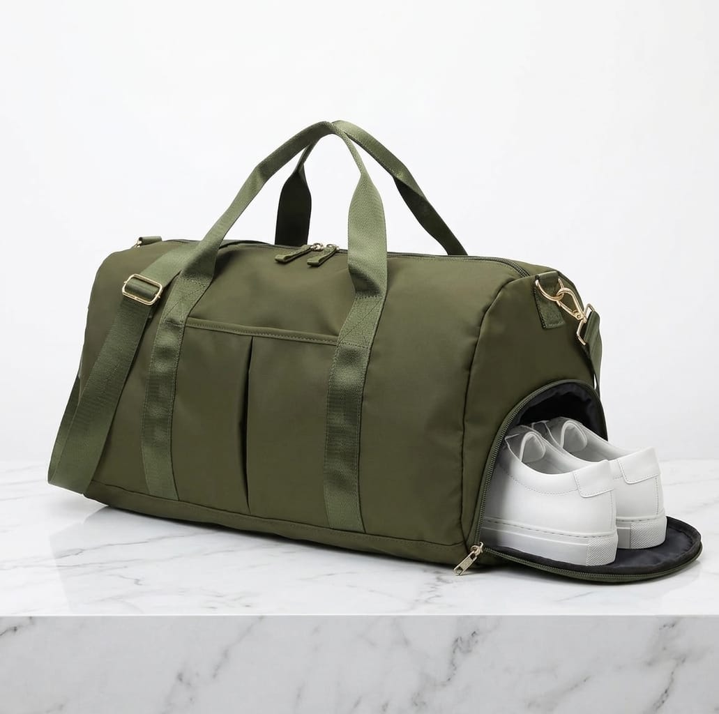An olive green duffel bag with dual top handles and a side zippered compartment containing a pair of white sneakers, set on a white marble surface against a white background.