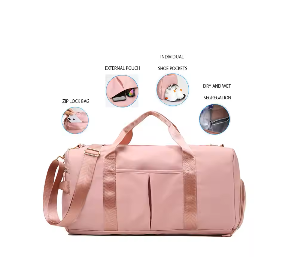 Pink duffel bag with features highlighted on a white background