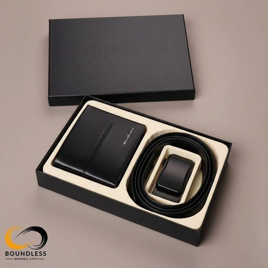 Black leather wallet and belt set in a box on a beige background