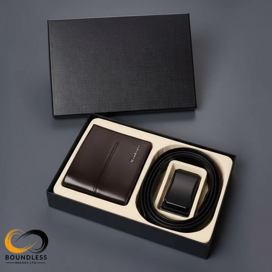 Brown leather wallet and black belt set in a black box on a gray background