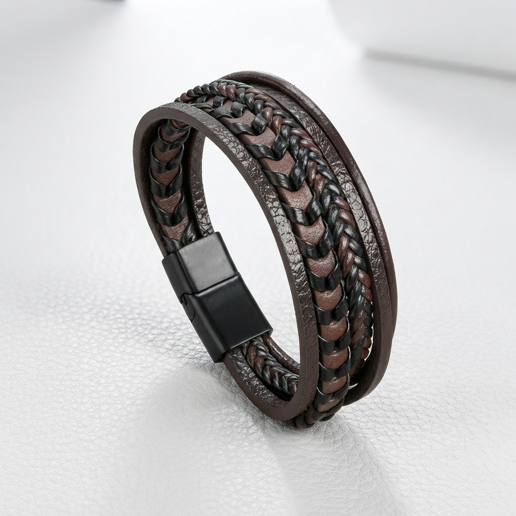 A multi-strand brown leather bracelet with braided details and a black magnetic clasp, displayed on a light gray textured surface.