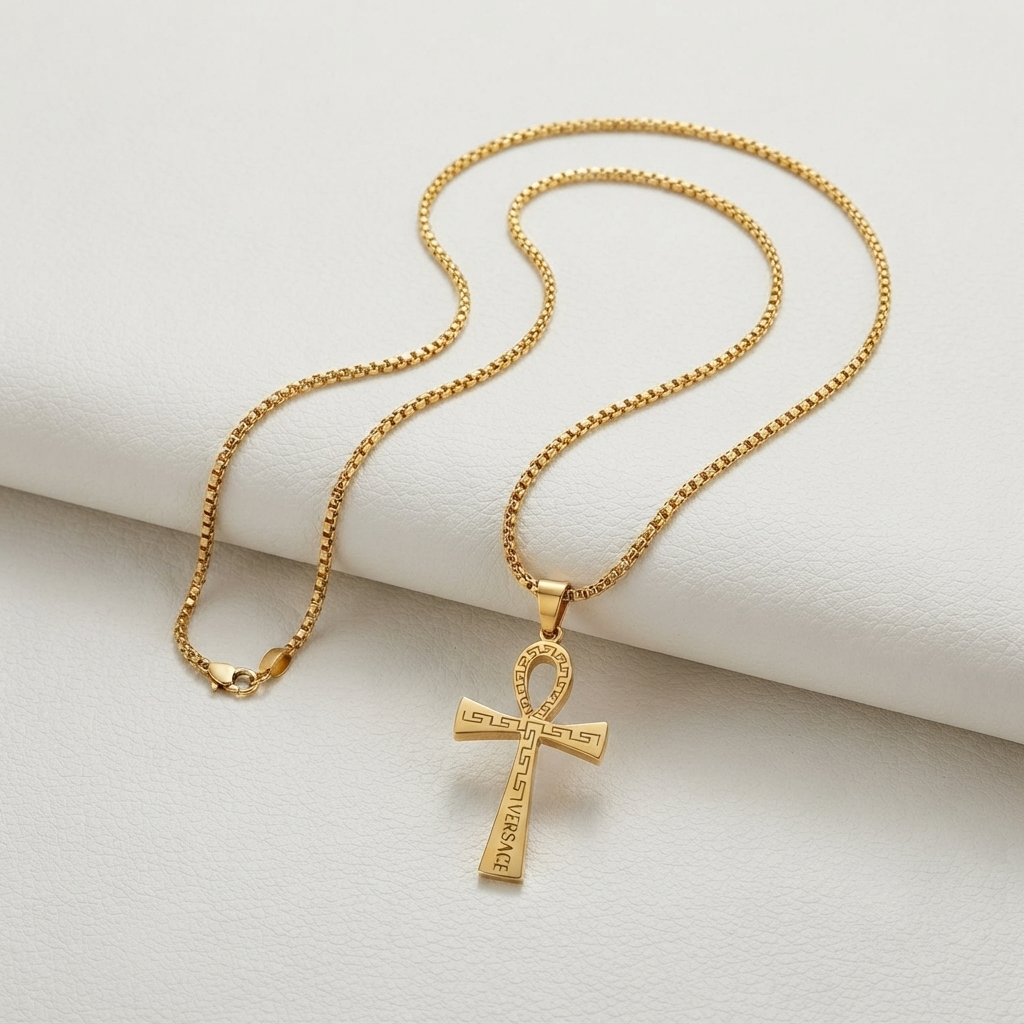 A gold chain necklace with an ankh pendant engraved with the Greek phrase 'DE OPPRESSO LIBER', displayed on a textured white surface.