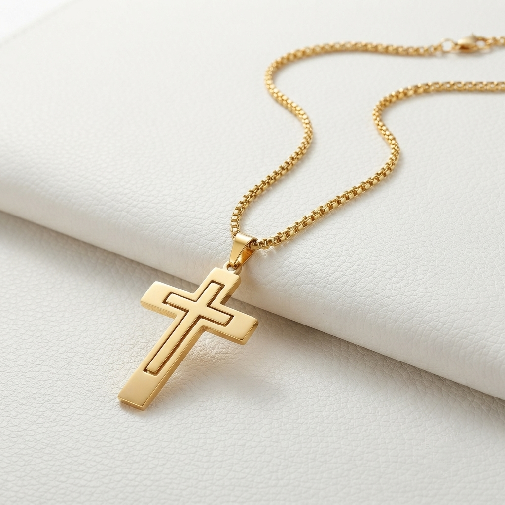 A gold cross pendant necklace with a box chain, displayed on a textured white surface.