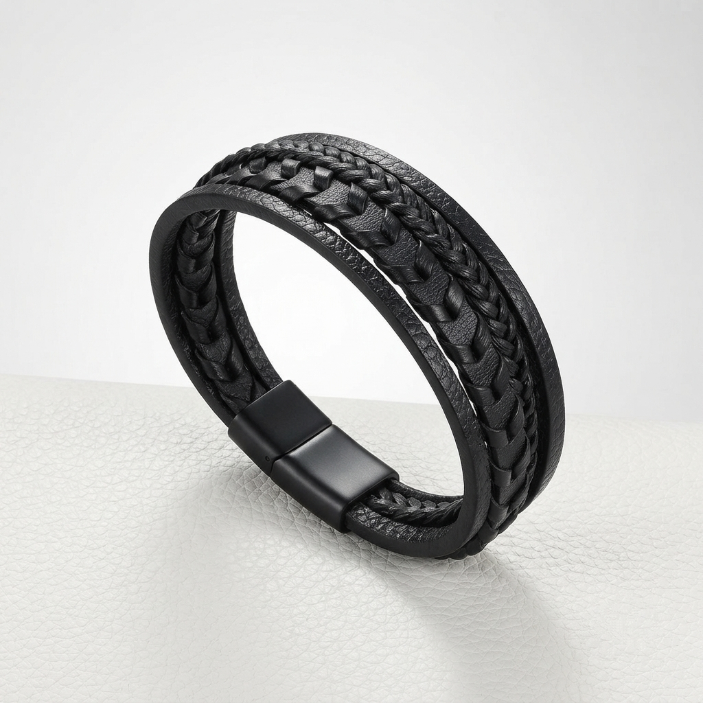 A black braided leather bracelet with a matte black magnetic clasp, displayed on a light gray textured surface.