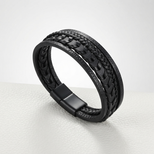 A black braided leather bracelet with a matte black magnetic clasp, displayed on a light gray textured surface.
