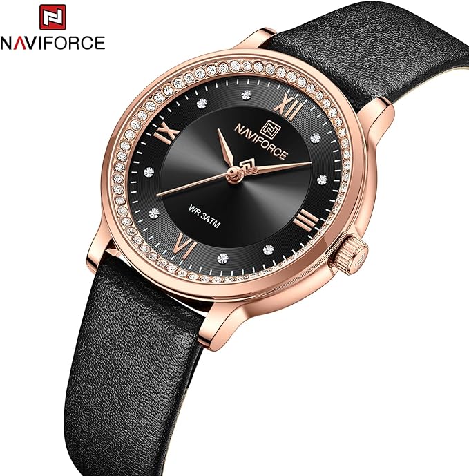 Naviforce watch with black leather strap and rose gold case on a white background
