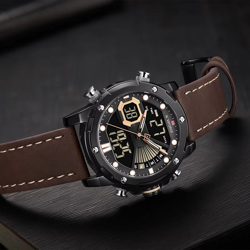 Wristwatch with brown leather strap and black dial on a dark background