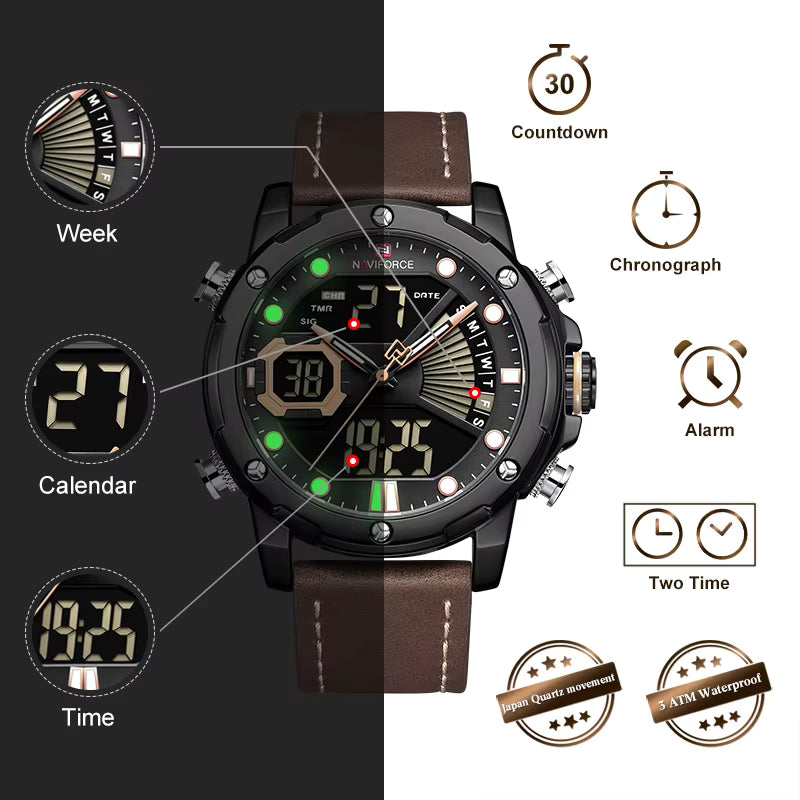 Wristwatch with digital and analog display on a black and white background