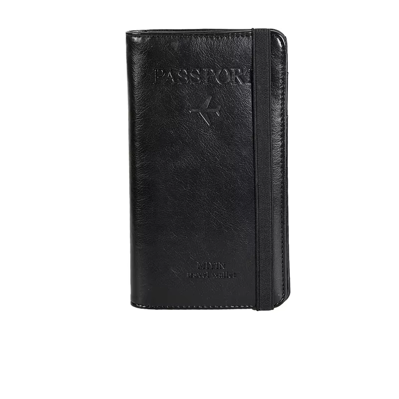 Black leather passport holder on a white background