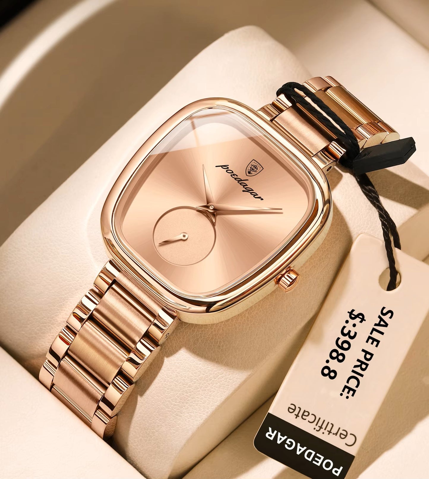 Rose gold watch with a visible brand tag on a beige background