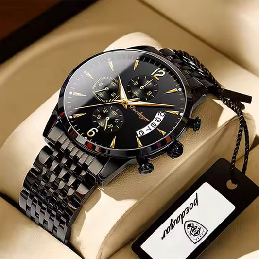 Black and gold watch with detailed face on a beige surface, brand tag visible
