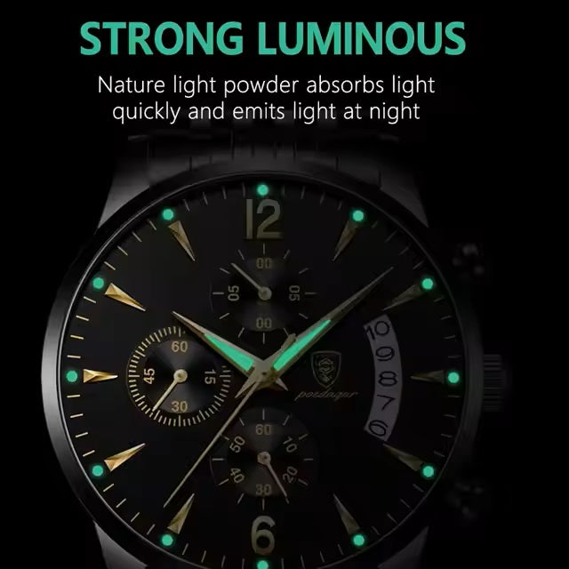 Watch with glowing face on a black background, highlighting 'Strong Luminous' feature.