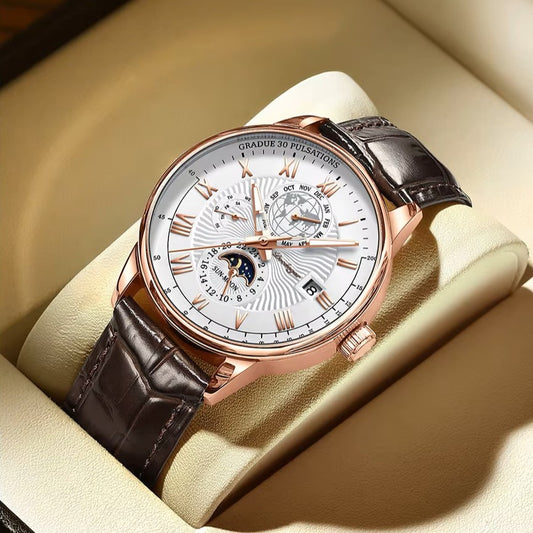 Luxury watch with brown leather strap and detailed face on beige cushion