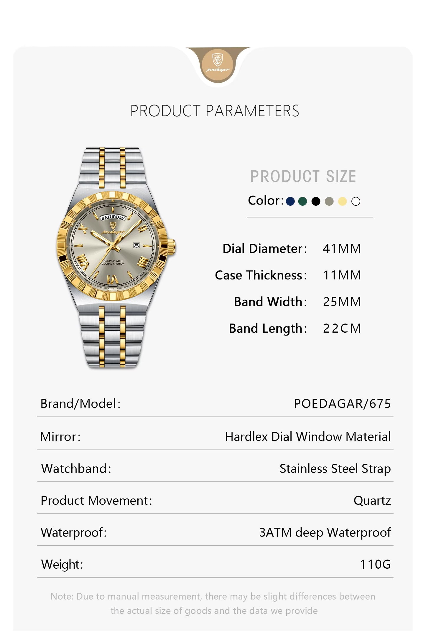 Watch with product parameters displayed on a white background