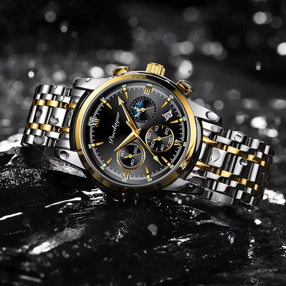 Luxury watch with gold and silver band on a dark background
