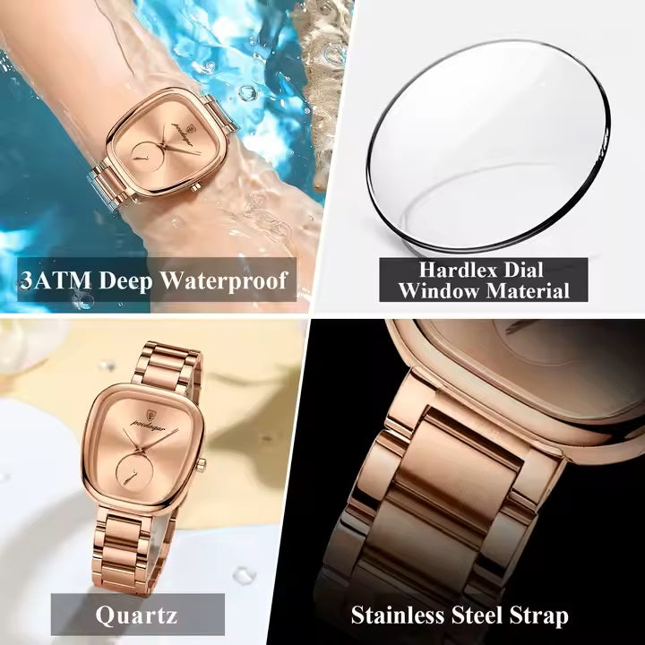 Rose gold watch with waterproof, hardlex dial, quartz movement, and stainless steel strap features.