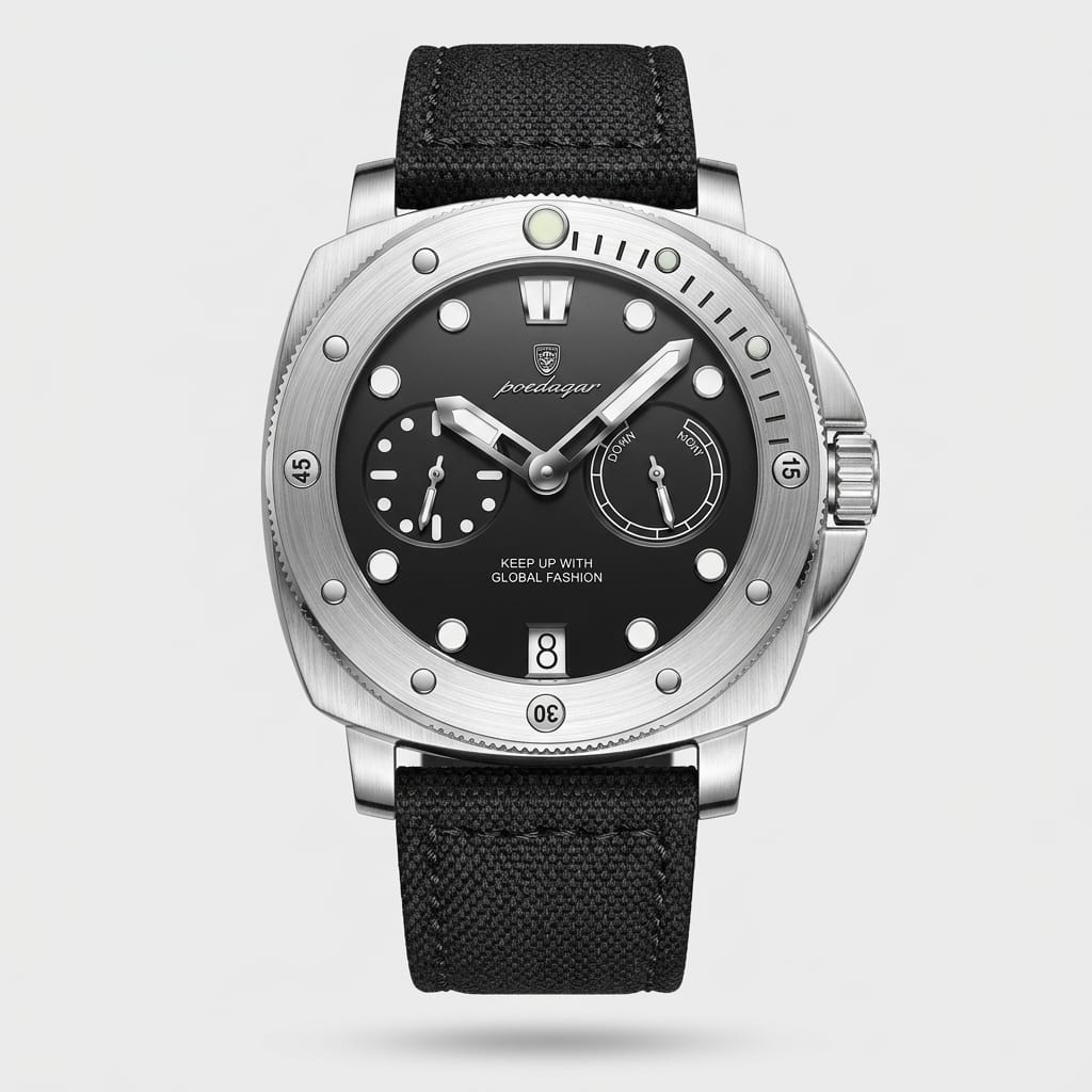 Watch with black face and strap on a light gray background