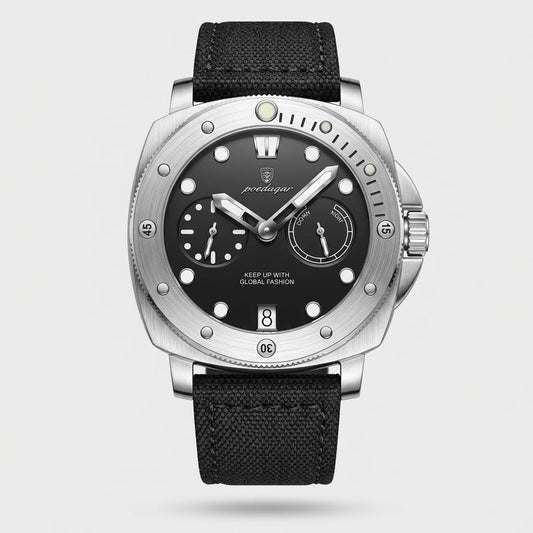 Watch with black face and strap on a light gray background