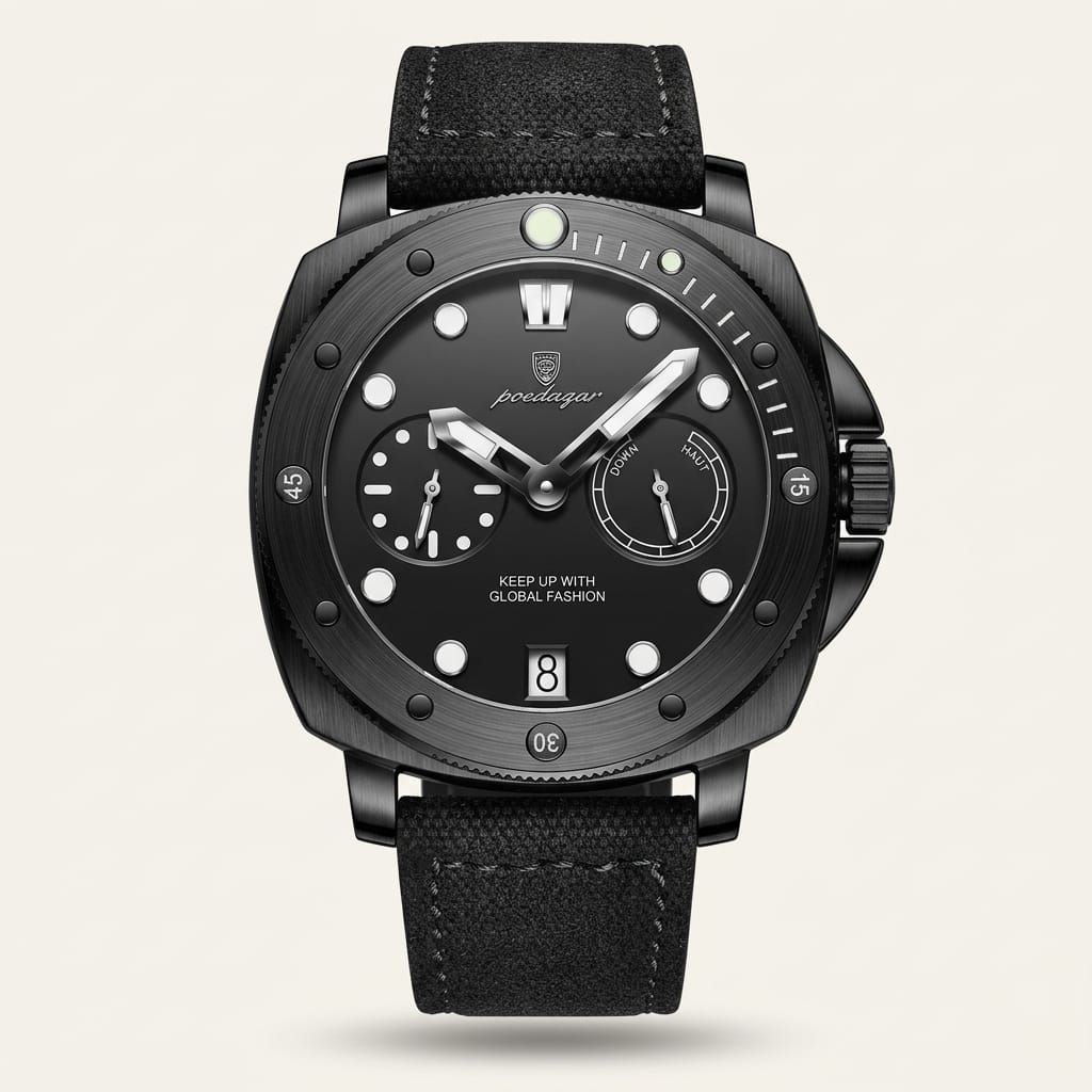Black watch with detailed face on a light gray background