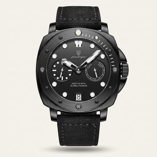 Black watch with detailed face on a light gray background