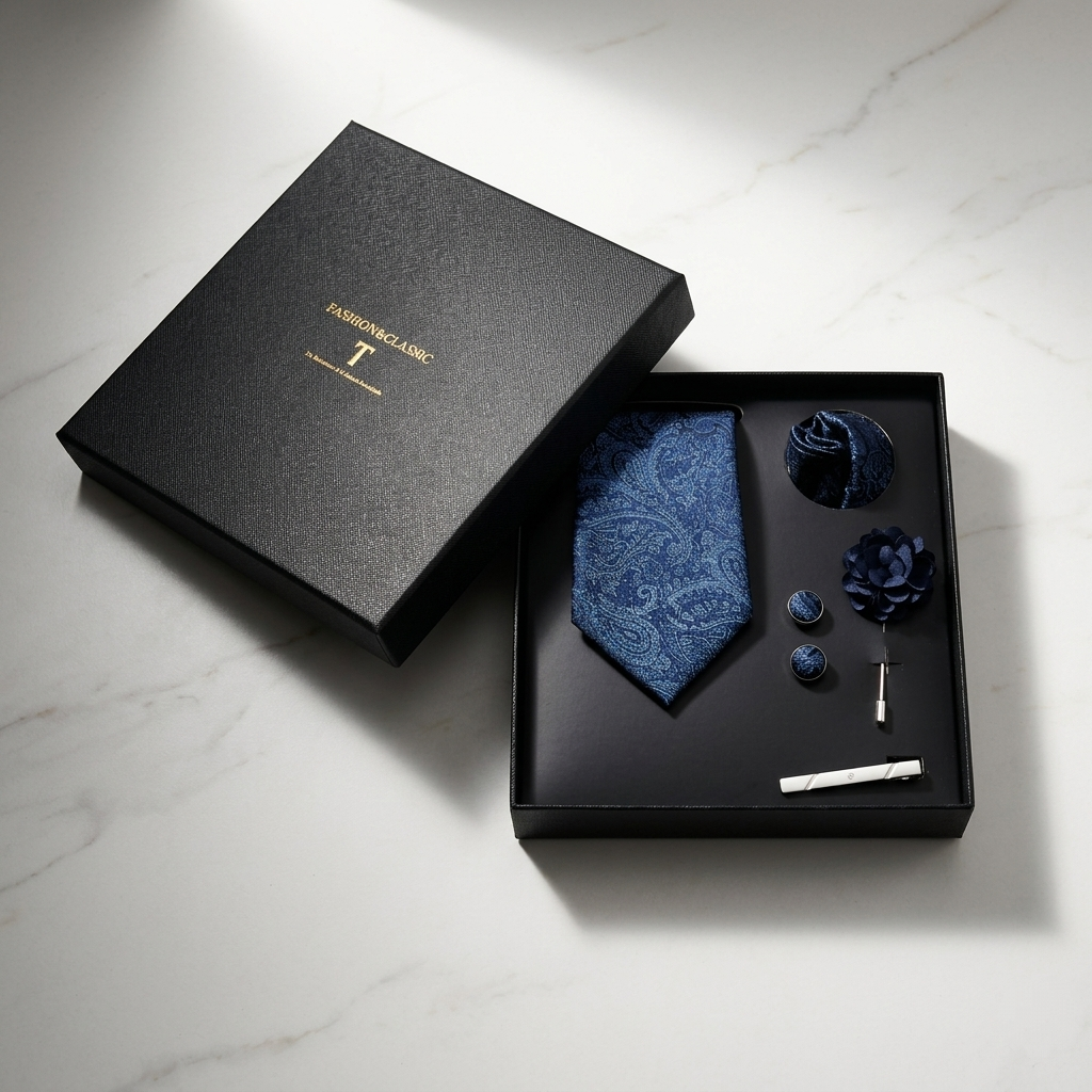 5-in-1 Men’s Tie Gift Set – Tie, Pocket Square, Cufflinks & Lapel Pin