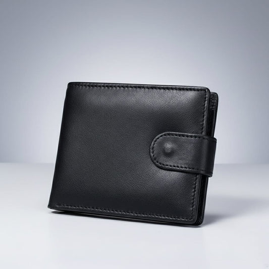 Black leather wallet on a light gray background
