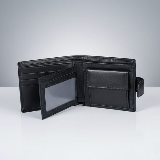Black leather wallet open on a white surface with a light gray background