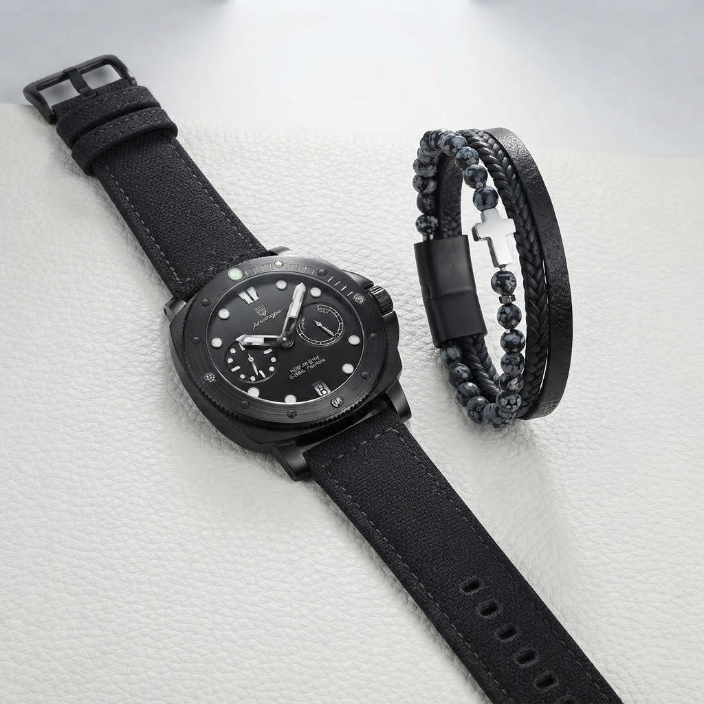 A black men's watch with a textured strap and a matching black beaded bracelet, displayed on a light textured surface.