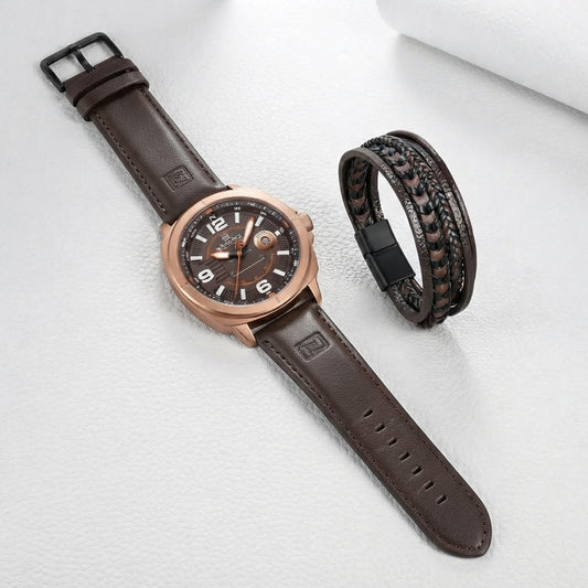 A men's watch with a dark brown leather strap and rose gold-toned case, shown alongside a matching dark brown braided leather bracelet on a light textured background.