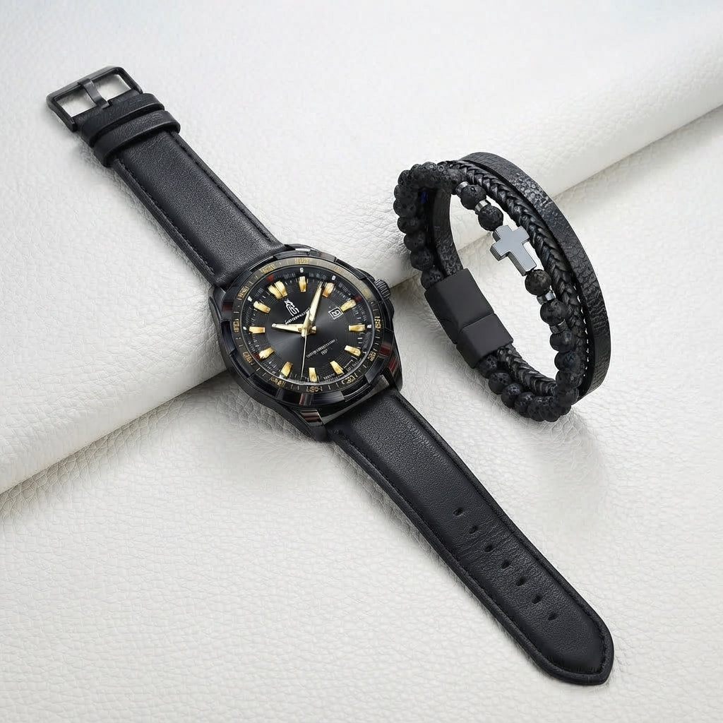 A black leather watch with a round black dial and gold-tone indices, displayed next to a black braided bracelet with a silver cross clasp on a white textured background.