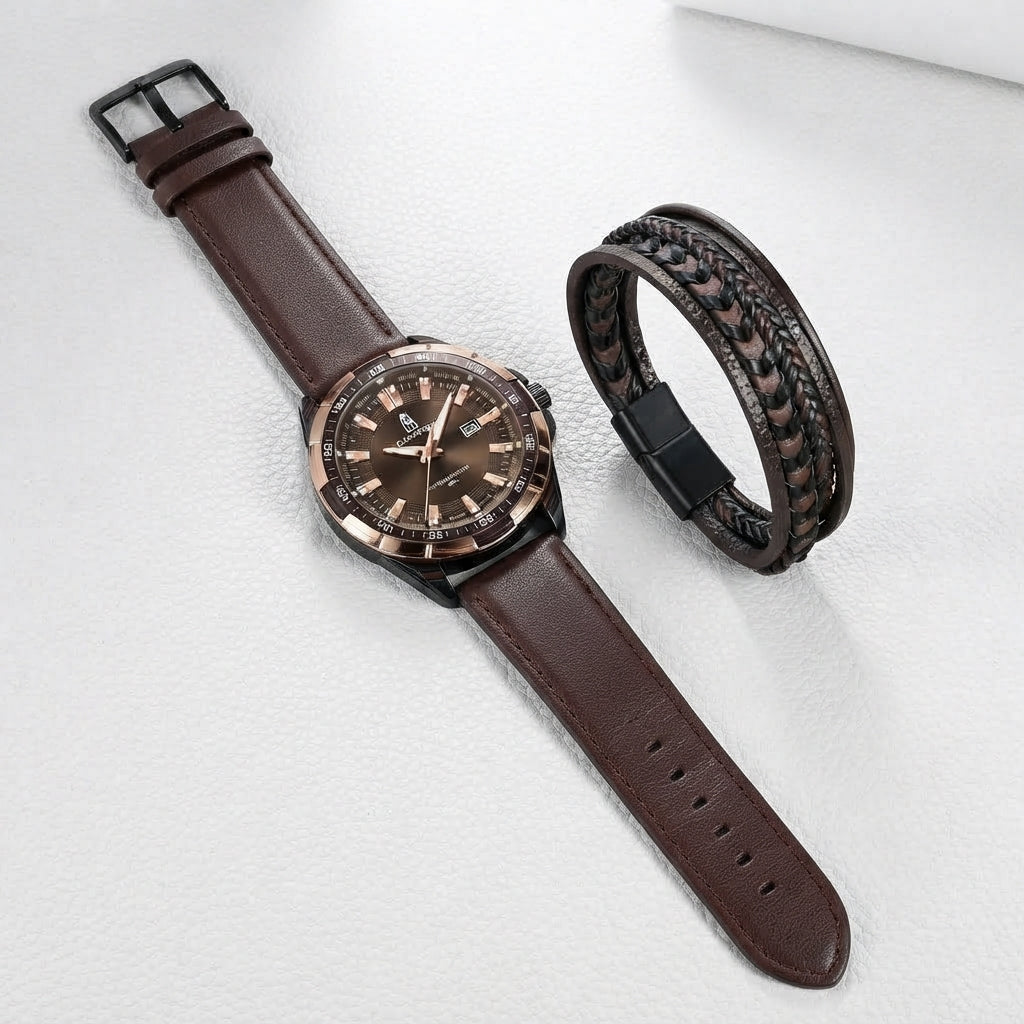 A men's watch with a dark brown leather strap and a bronze-toned round case, shown alongside a matching dark brown braided leather bracelet on a light textured background.
