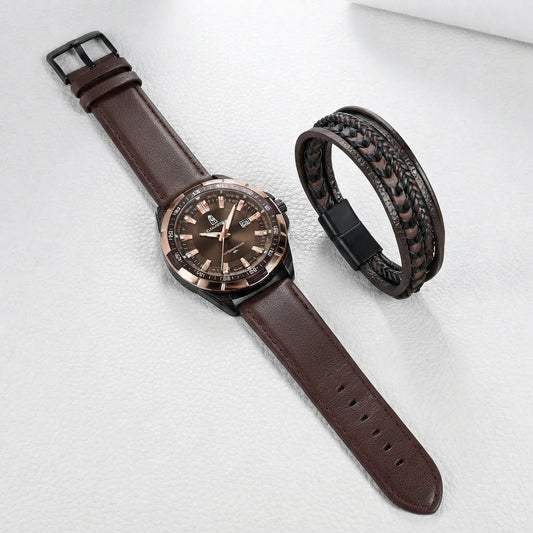 A men's watch with a dark brown leather strap and a bronze-toned round case, shown alongside a matching dark brown braided leather bracelet on a light textured background.
