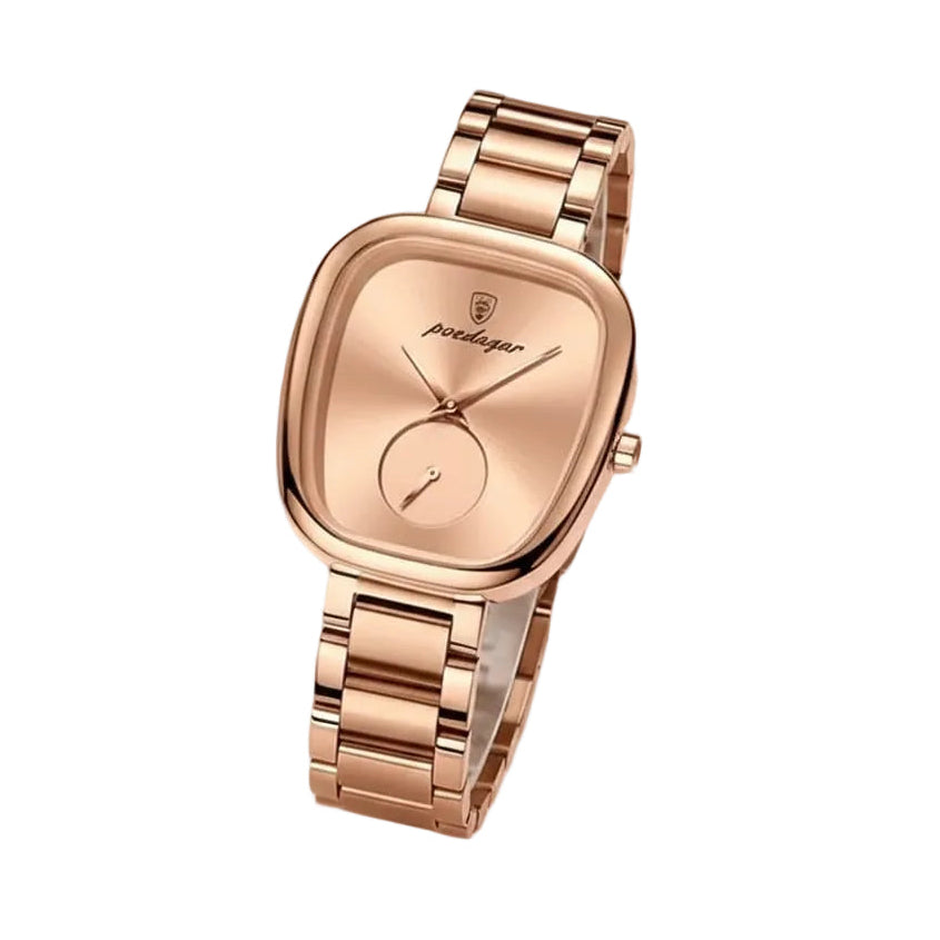 Rose gold watch on a decorative background with flowers and heart shapes