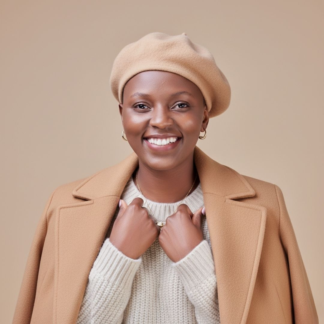 Woman wearing a beige coat and beret against a beige background