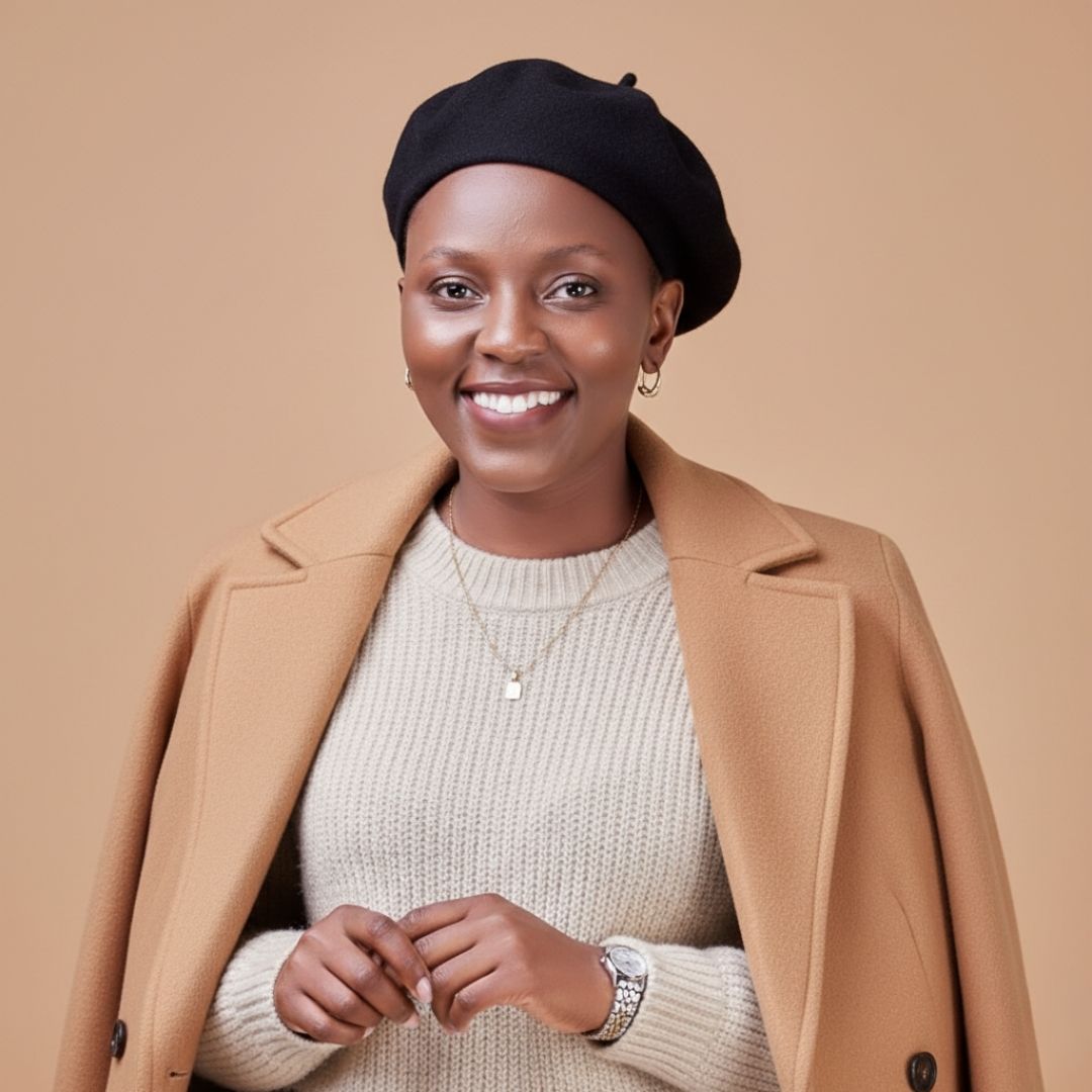 Woman wearing a tan coat and black beret against a beige background